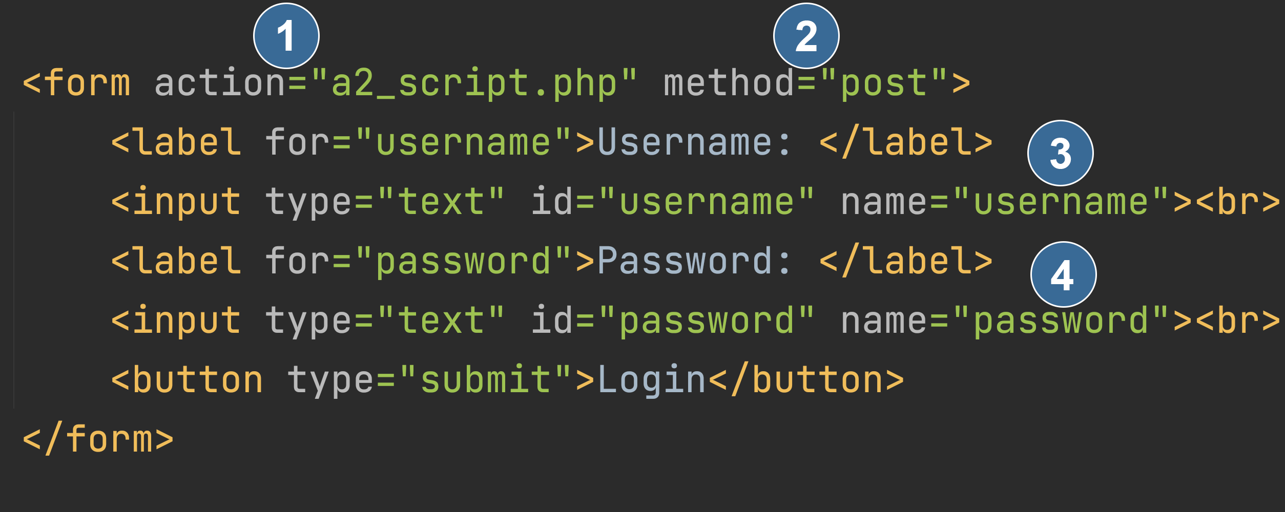 HTML code showing the elements of a form with two text fields.